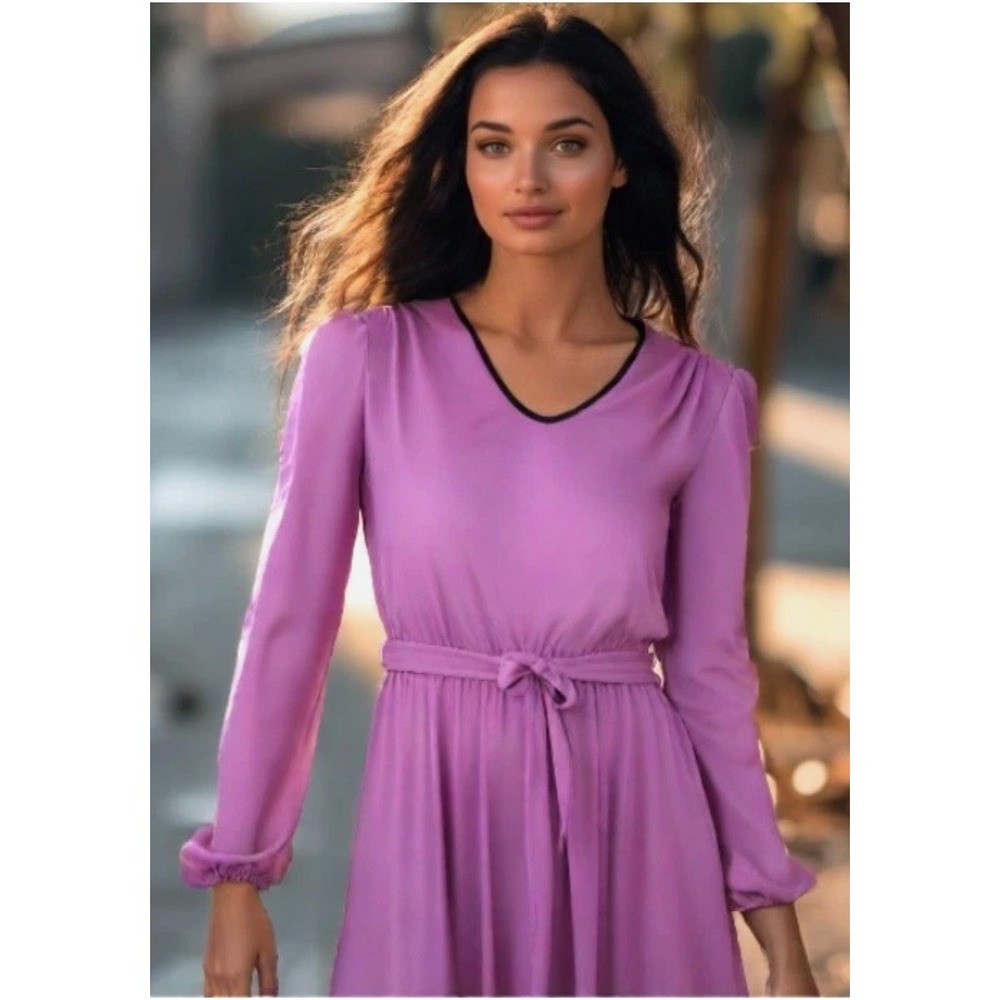 70s Fit Flare Dress Dress Size Small Terri Juniors Purple V-Neck Long Sleeve EUC